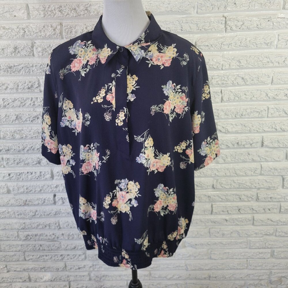 Alfred Dunner Women's 22W Blue Yellow Floral Peplum Top Button Collared FLO20E